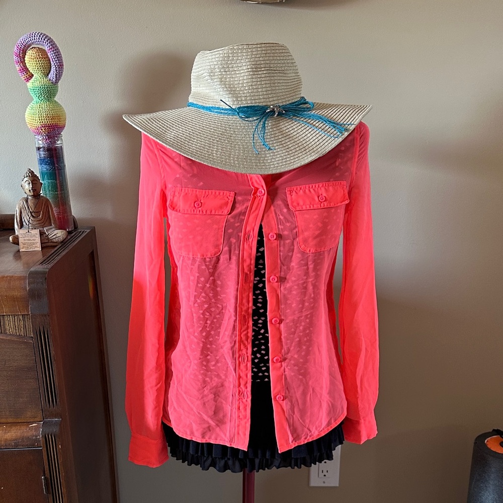 American Eagle Outfitters Neon Coral Sheer Button-Up Swim Coverup